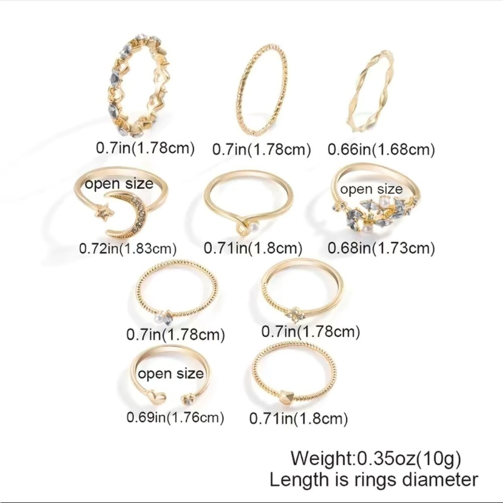 Gold Star Moon Opal Zircon Ring Set 10pc - Picture 6 of 7